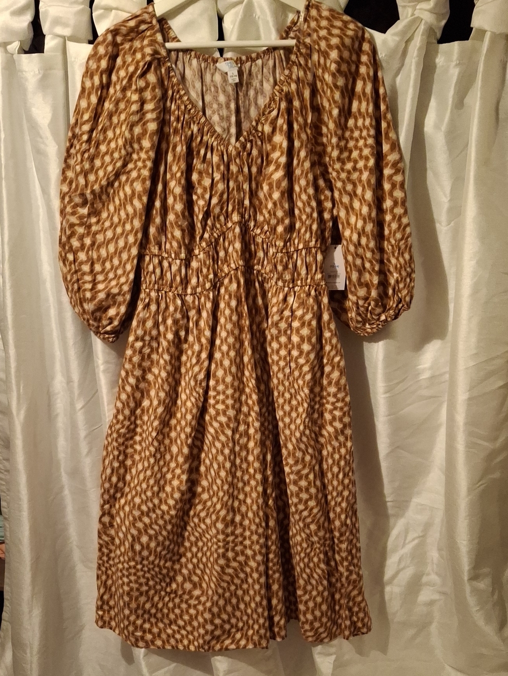 Time and Tru Brown and Cream Patterned Elastic-Waist Dress